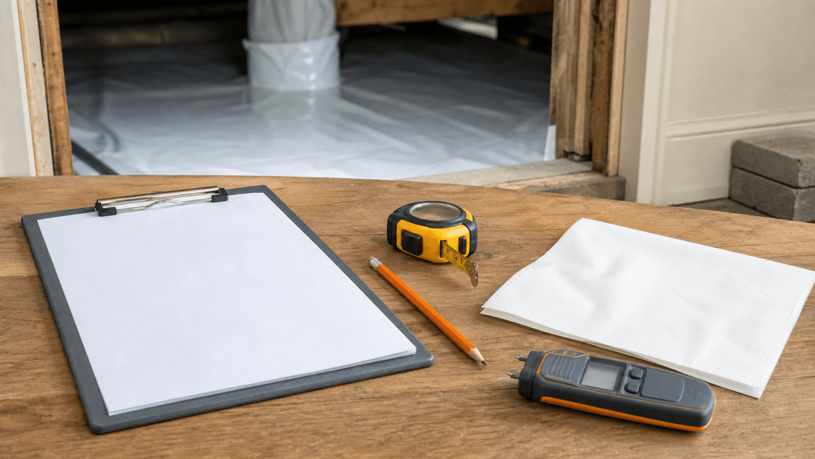 Crawl space encapsulation cost planning tools with clipboard, tape measure, moisture meter, and vapor barrier sample