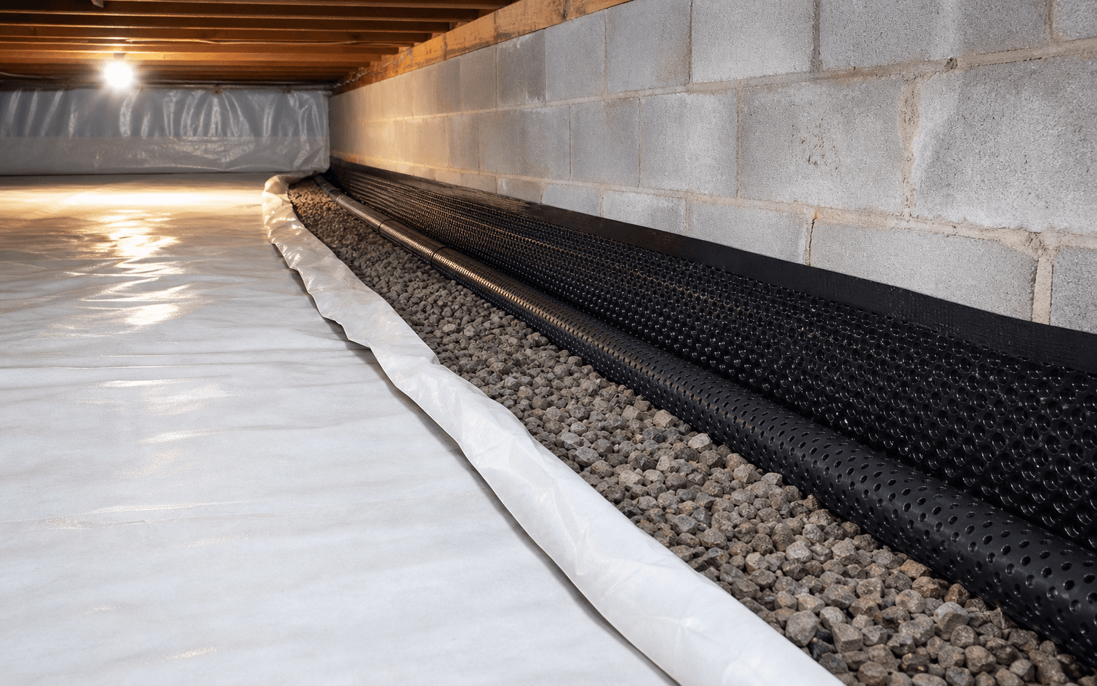 Crawl space perimeter drainage trench with gravel and drain pipe