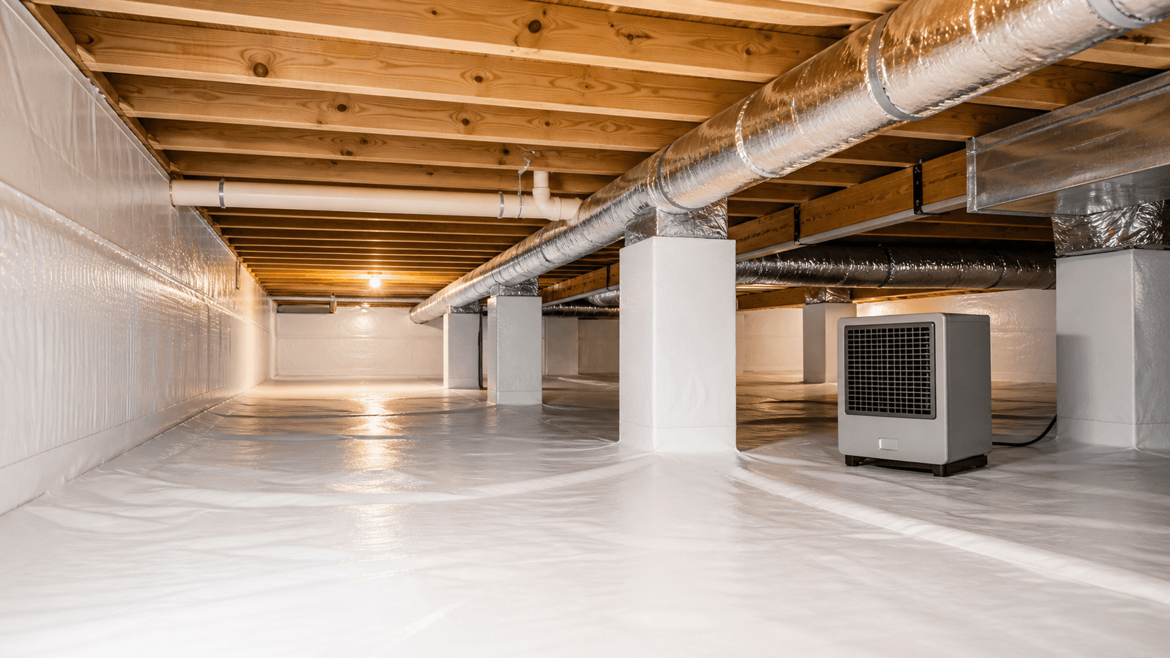 Finished crawl space encapsulation system with sealed liner, wrapped piers, ductwork, and dehumidifier