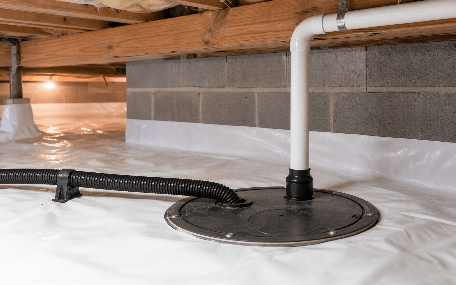 Crawl space sump basin with drainage line and discharge pipe