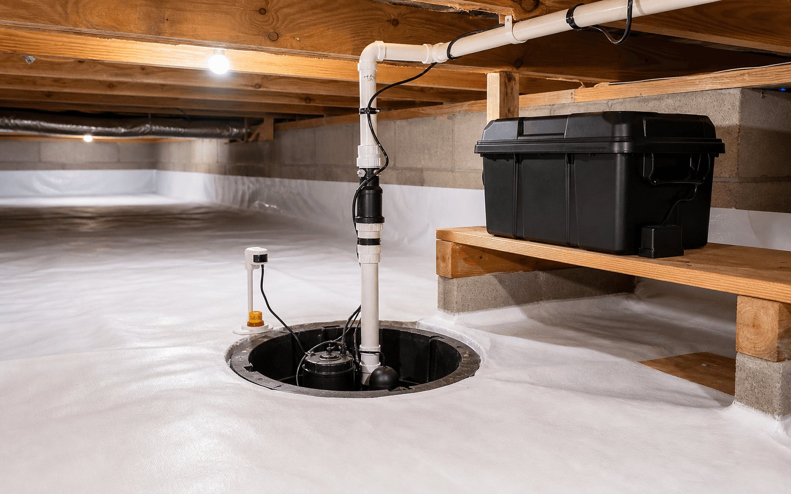 Crawl space sump pump with battery backup and high-water alarm setup
