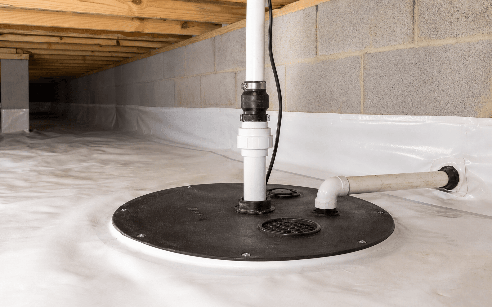 Installed crawl space sump pump basin with discharge pipe and check valve