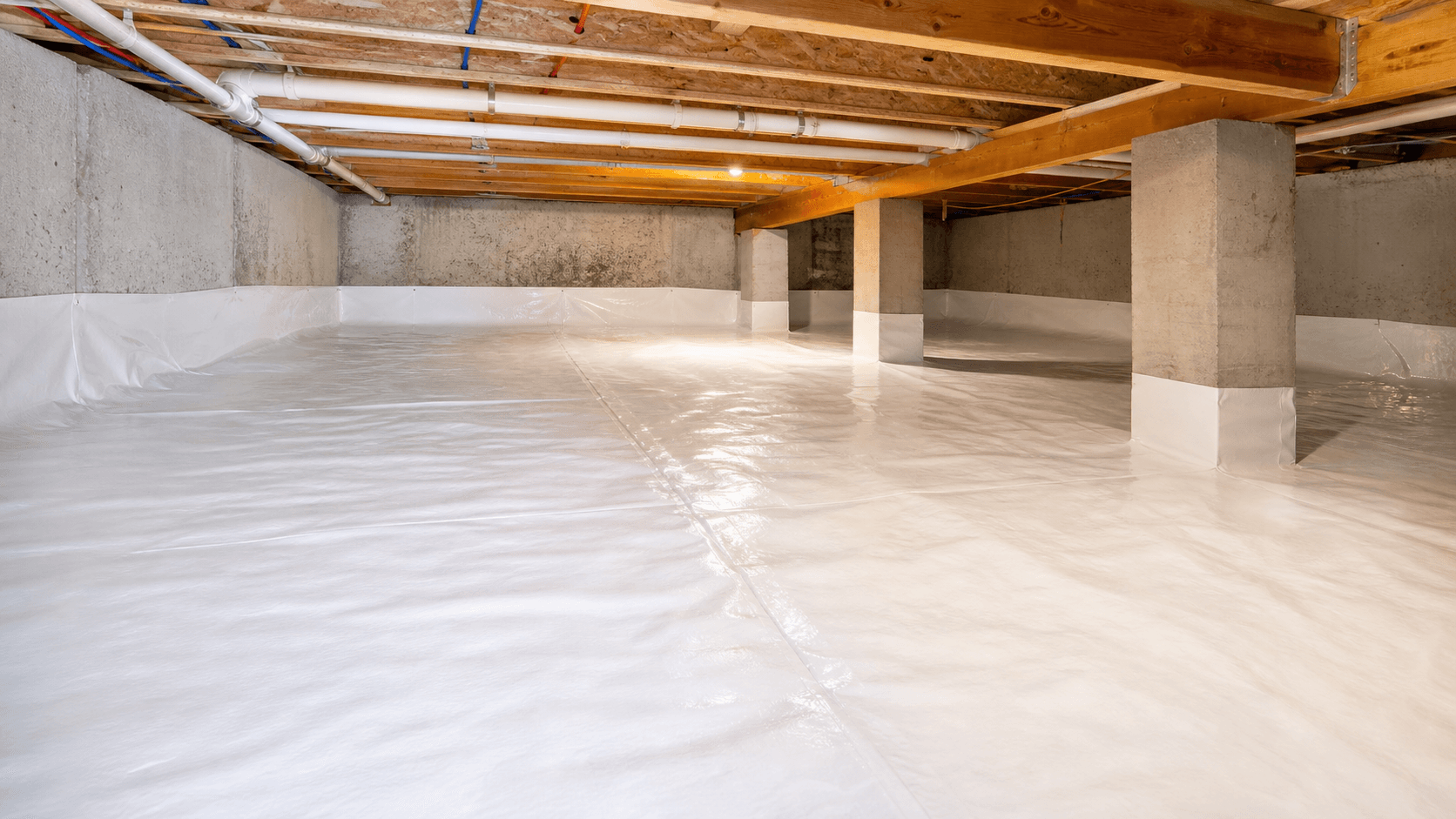 Clean crawl space vapor barrier installed over exposed soil with wall turn-up and piers