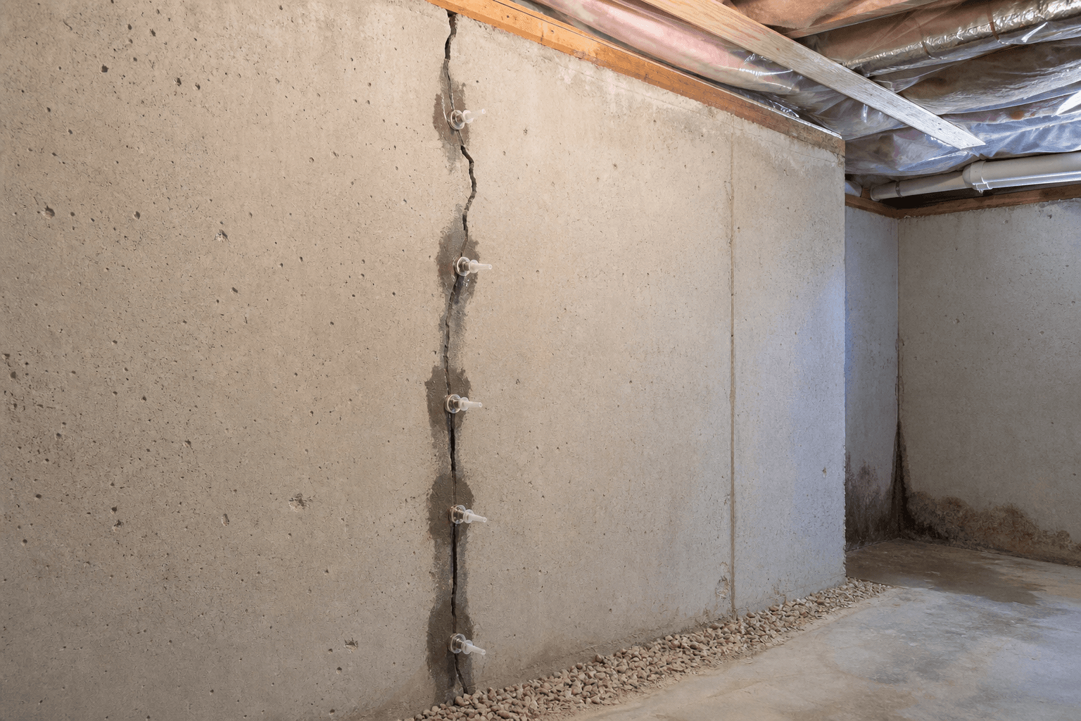 Foundation wall crack prepared with injection ports for repair