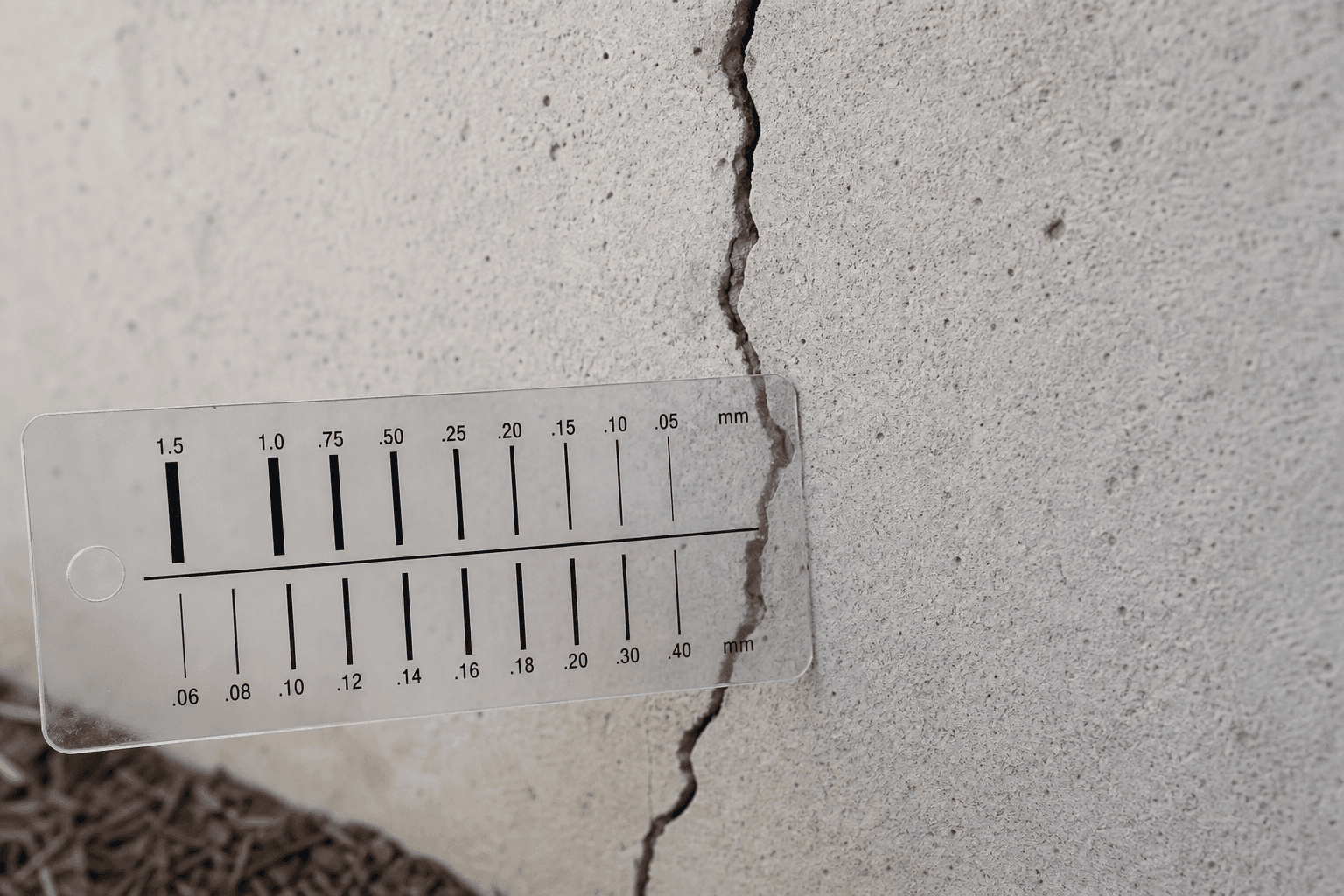Foundation crack width being checked with a clear measuring gauge