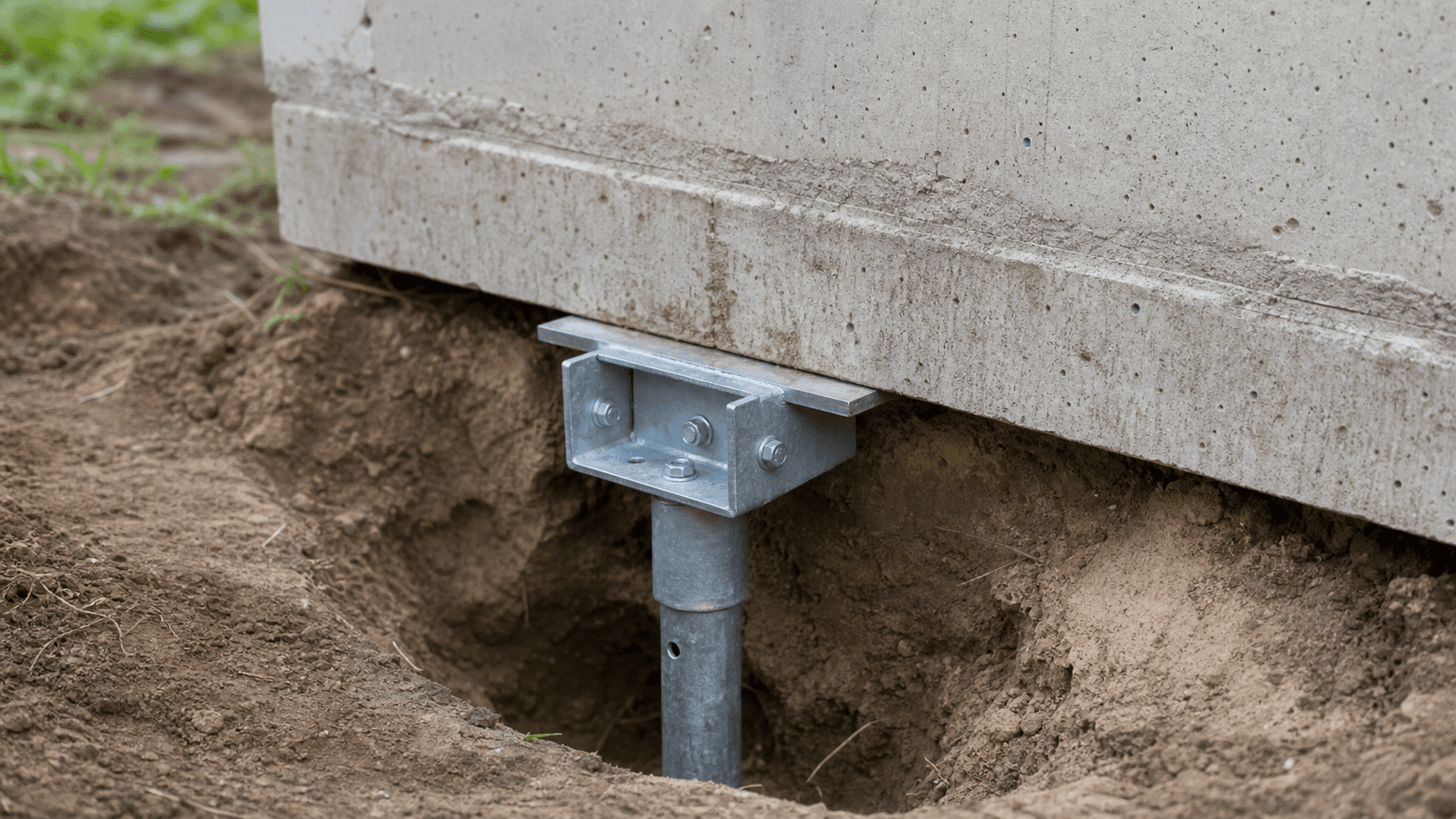 Steel push pier bracket installed below a concrete foundation footing
