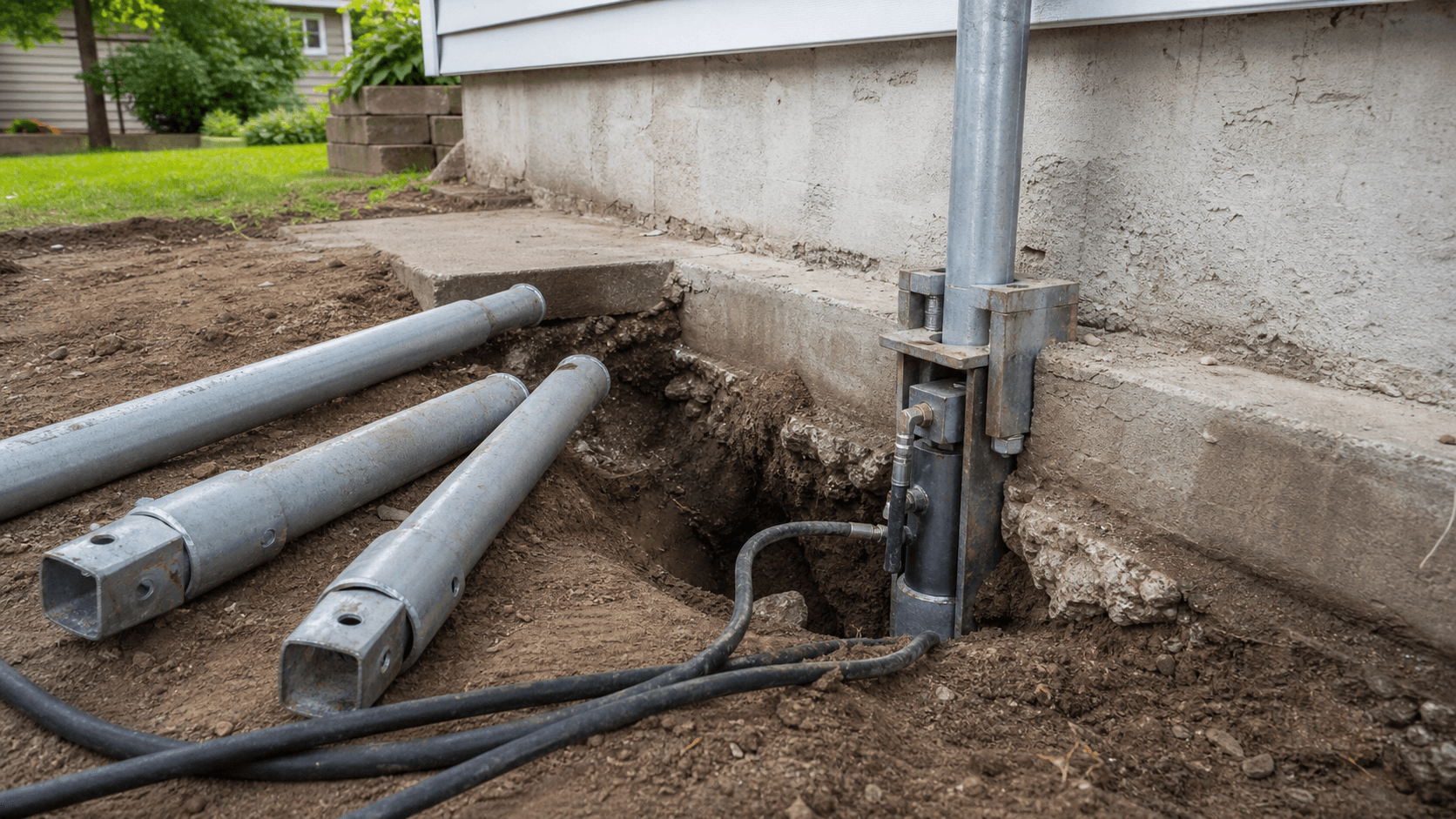 Push pier sections and hydraulic installation equipment beside a foundation