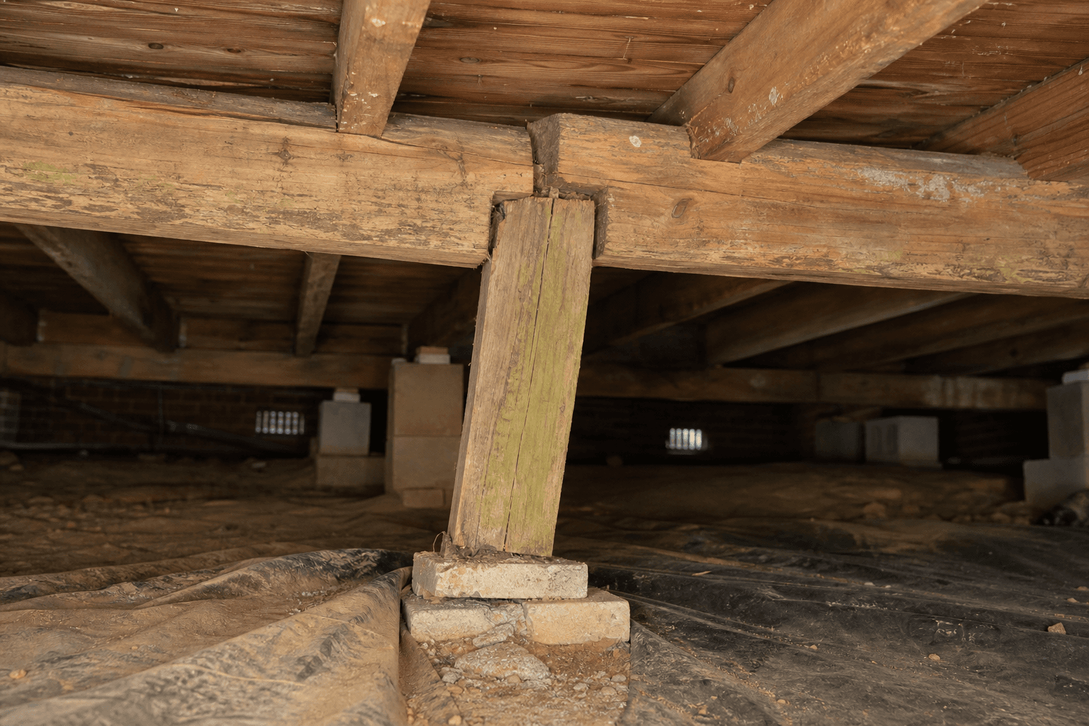 Tilted and deteriorated wood support post below a crawl-space beam