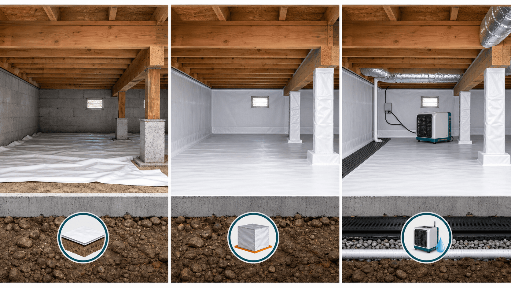 Visual comparison of basic vapor barrier, standard encapsulation, and full crawl space moisture-control system