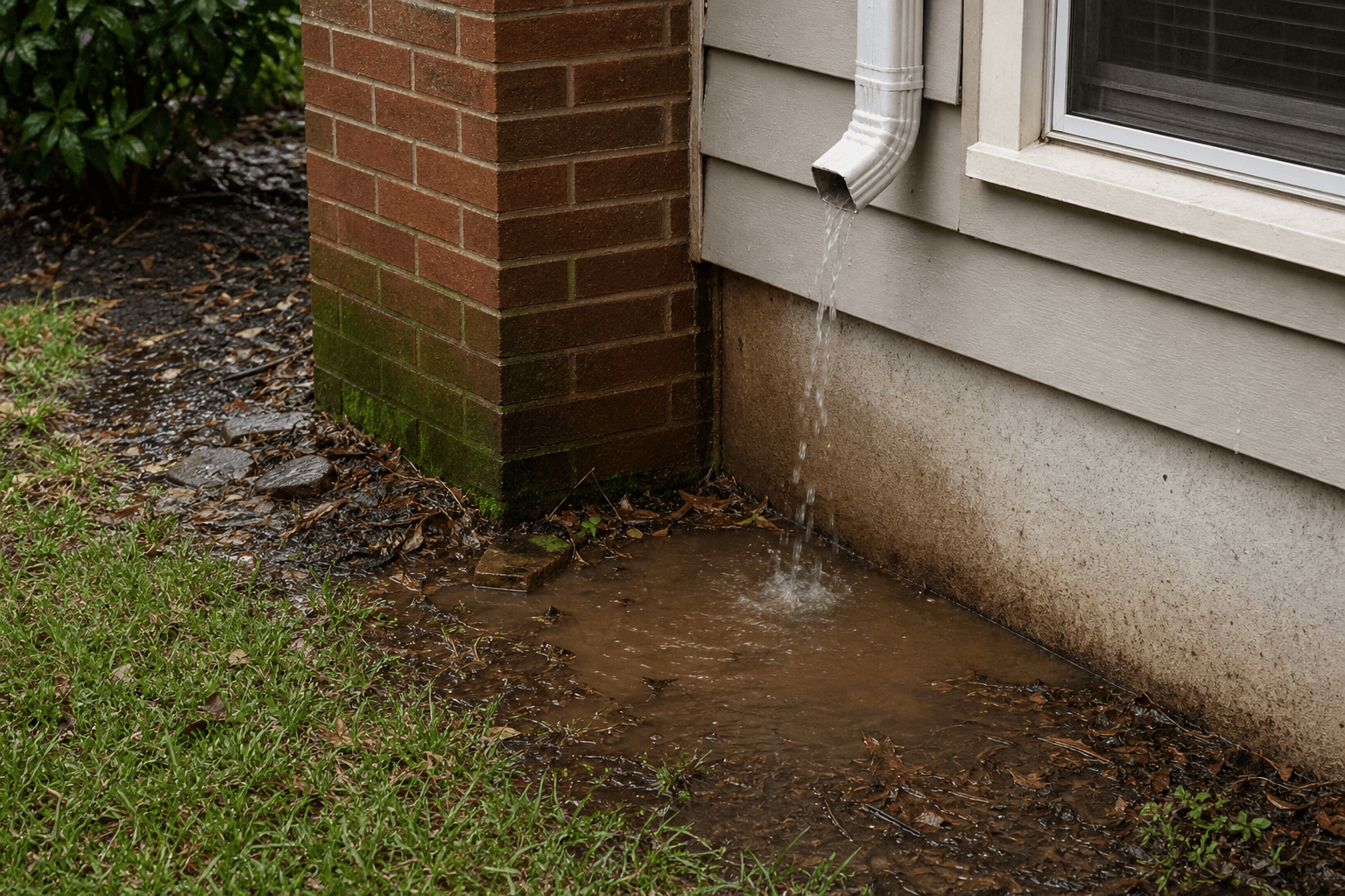 Water collecting near the base of a chimney and home foundation after rain