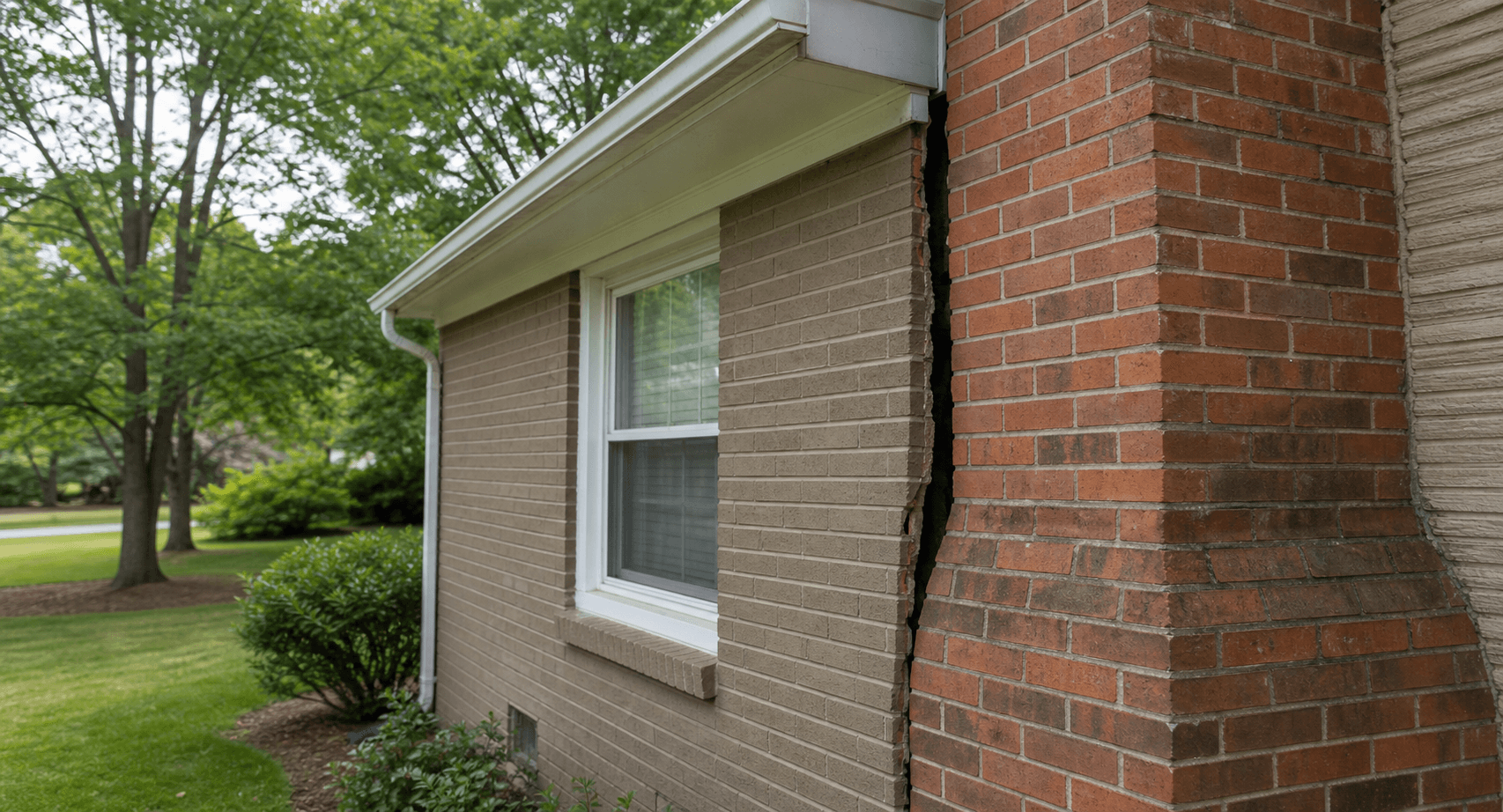 Brick chimney pulling away from the side of a home with a visible vertical gap