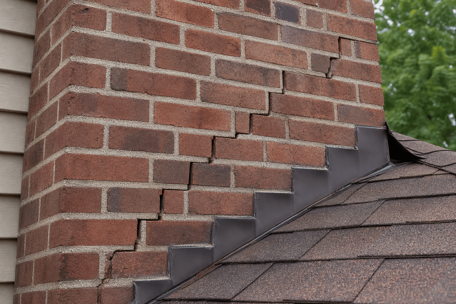 Stair-step cracks in brick masonry near chimney flashing