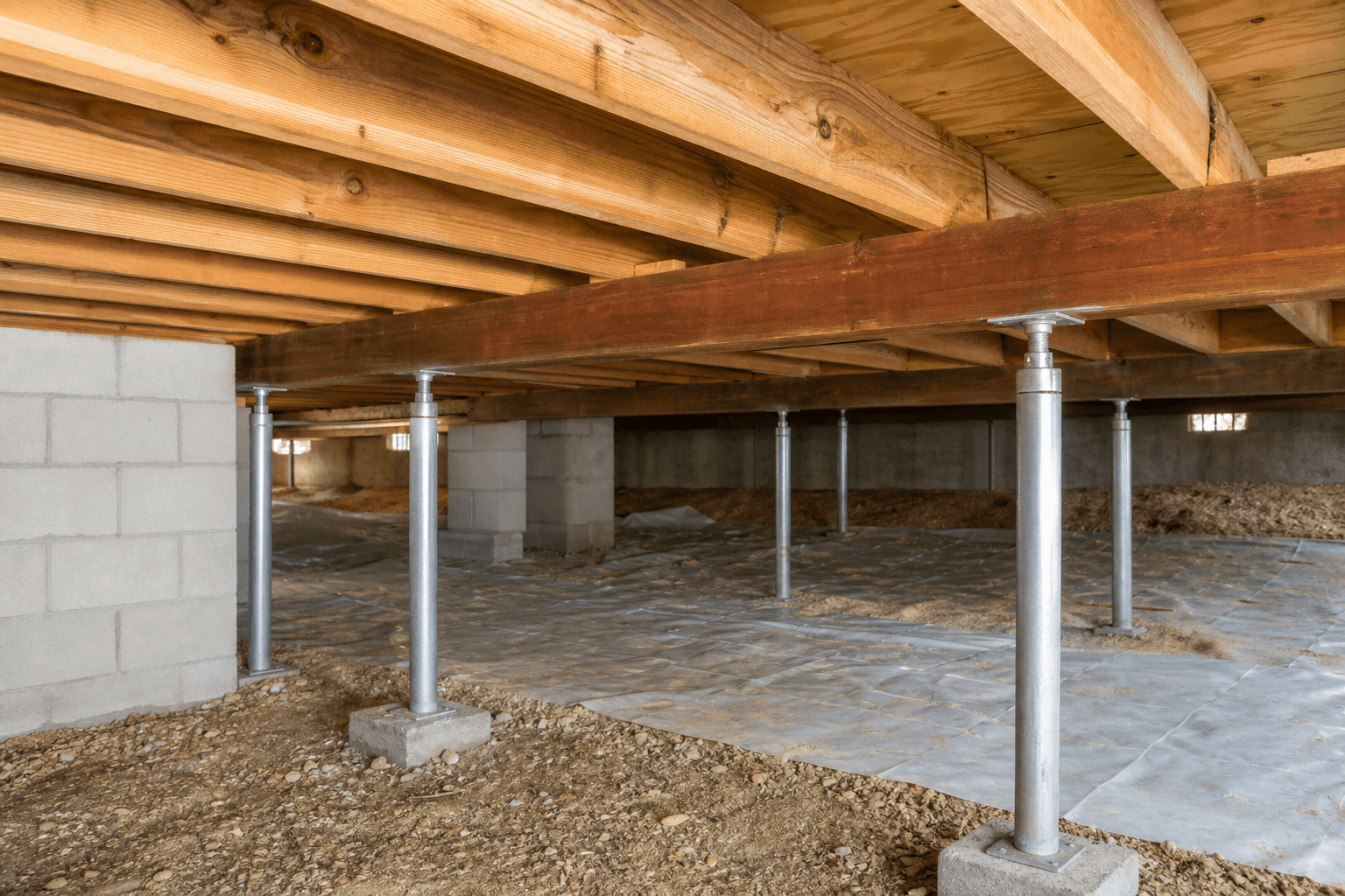 Crawl space support posts and floor framing under a home