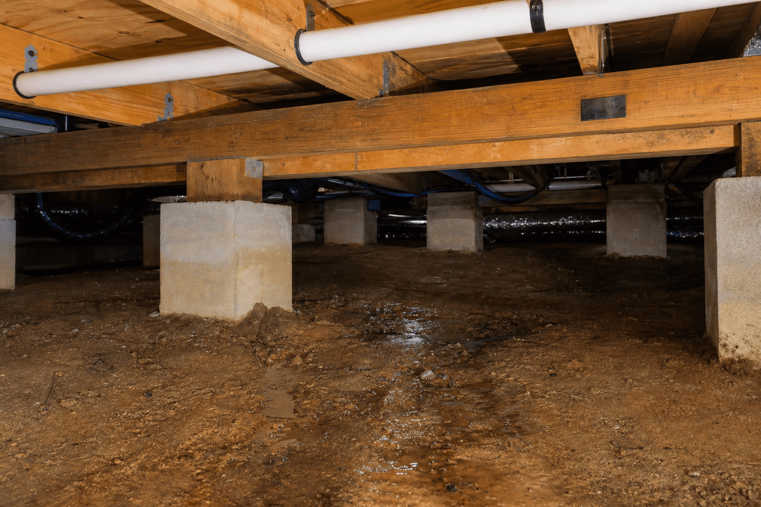 Damp crawl space soil and support framing under a home