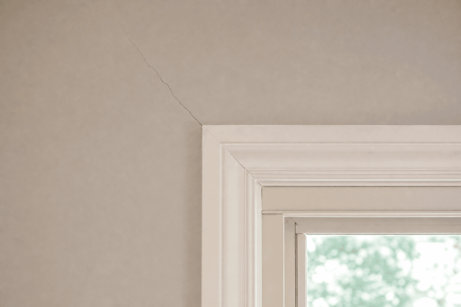 Subtle diagonal crack near the upper corner of a window frame
