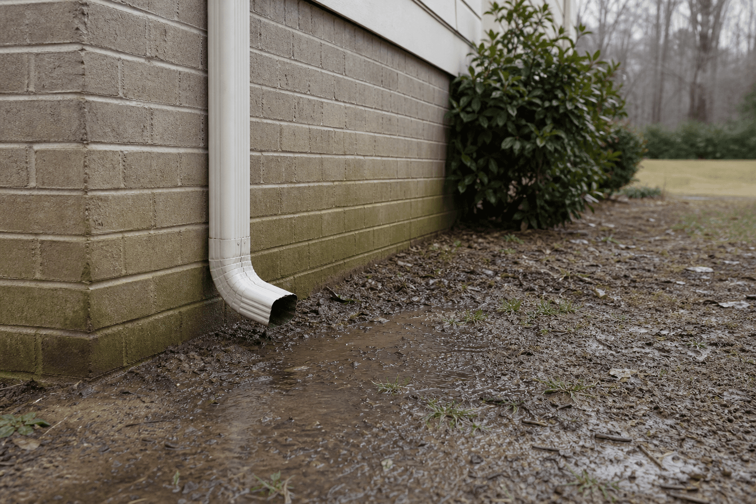 Downspout discharging near a brick or block foundation wall