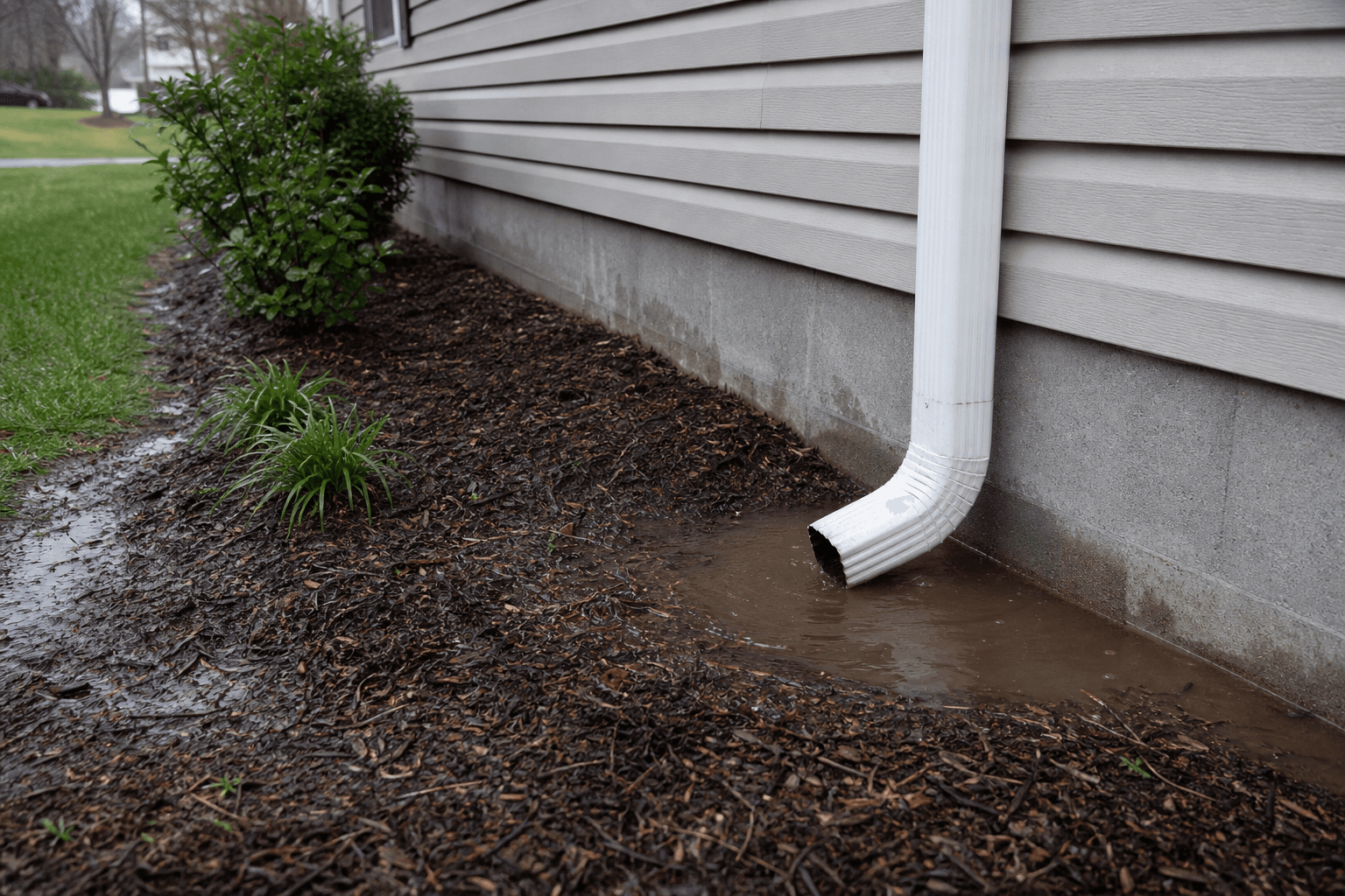 Downspout discharging water into mulch beside a foundation wall