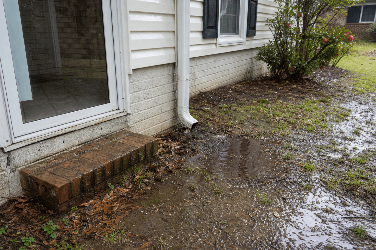 Downspout discharging water close to a home foundation after rain
