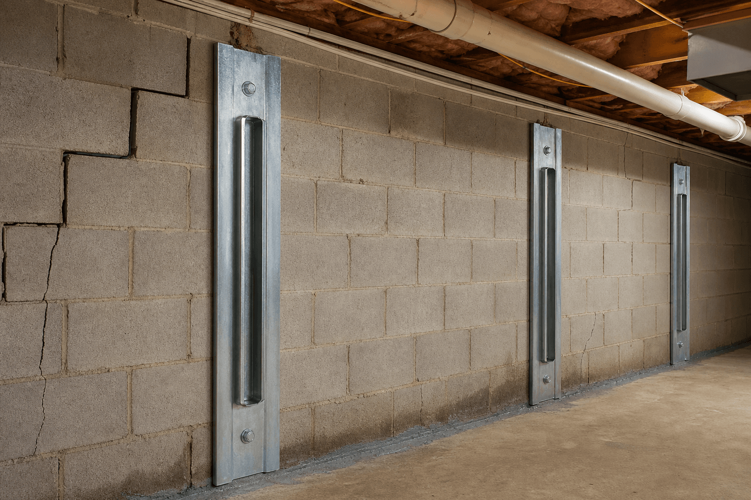 Steel wall braces installed against a cracked block foundation wall