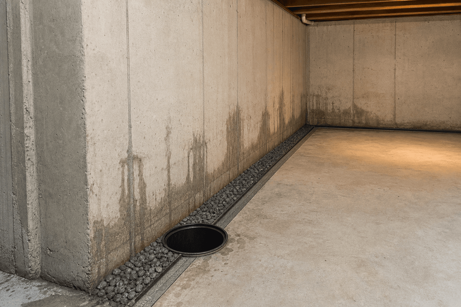 Interior perimeter drain and sump basin along a foundation wall