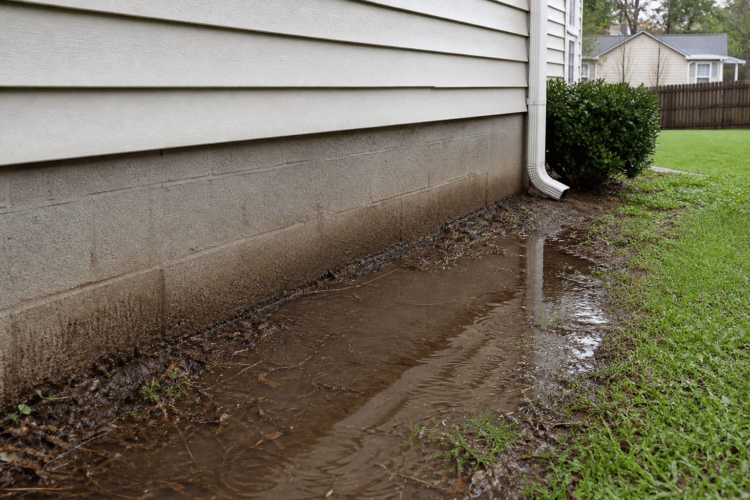 Rainwater pooling near a home foundation