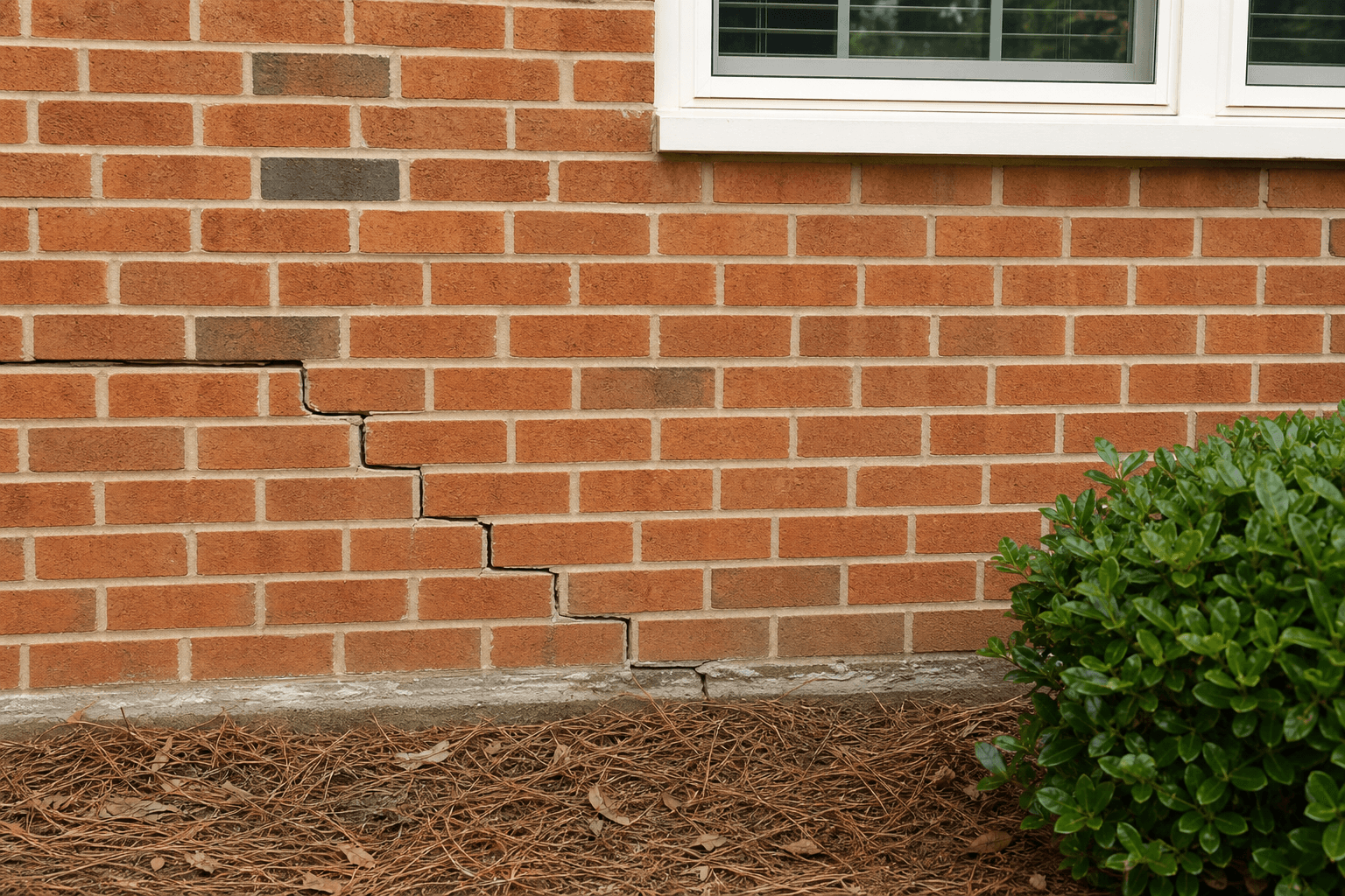Stair-step crack in exterior brick masonry near a settled area