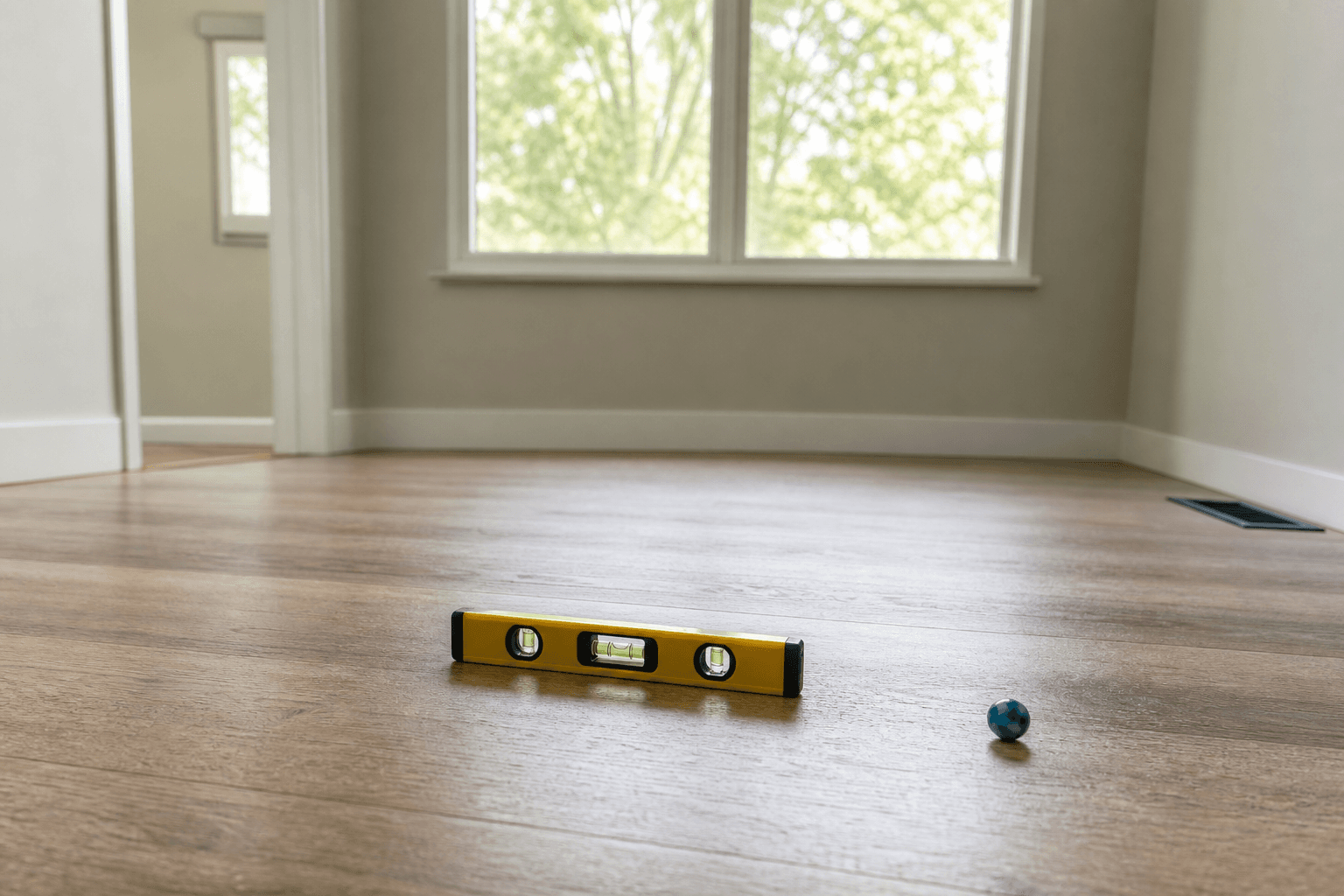 Uneven floor in a home with a level and small ball showing slope