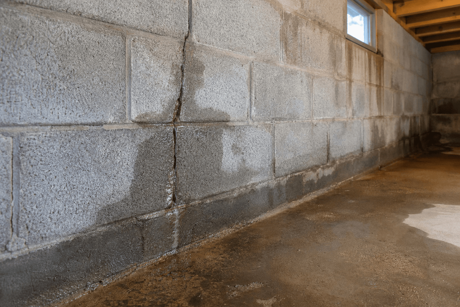 Water seeping through a foundation wall crack and pooling on the floor
