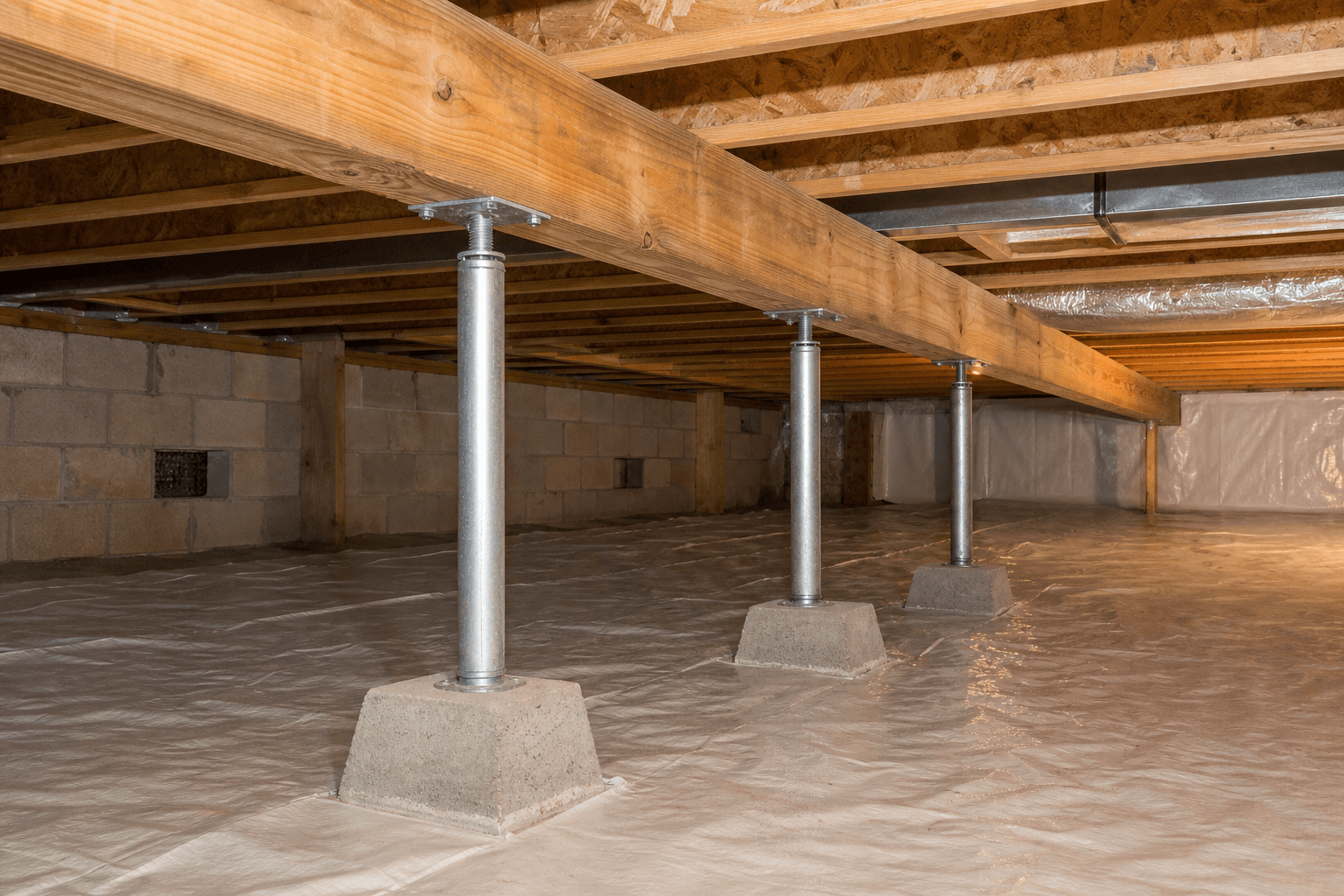 Steel support posts and concrete footings below a crawl-space beam