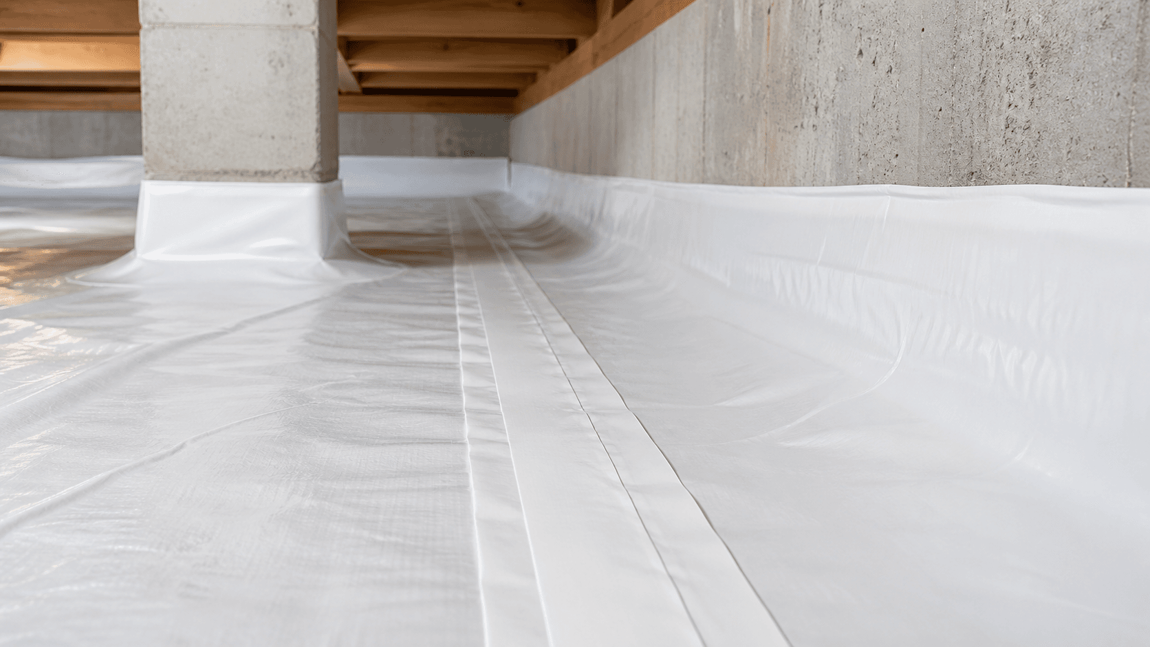 Close view of crawl space vapor barrier taped seam, wall turn-up, and pier edge detail
