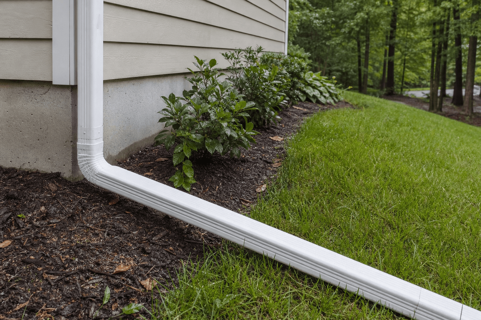 Downspout extension carrying roof water away from a home foundation