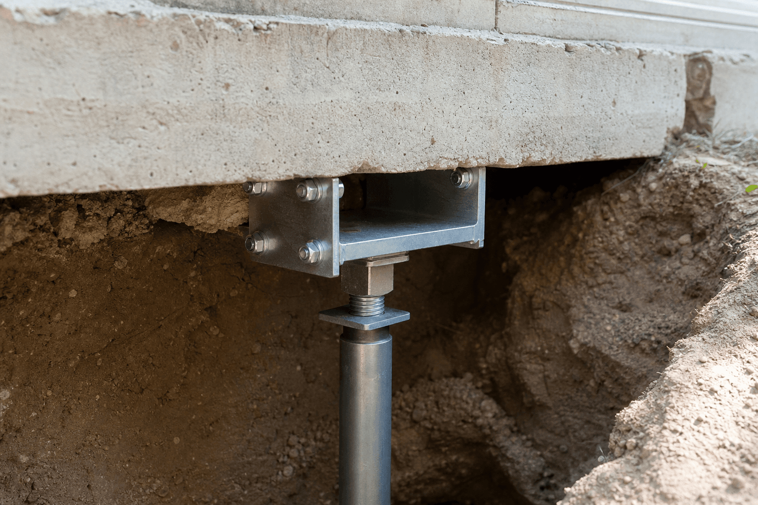 Steel foundation pier bracket installed below a concrete footing