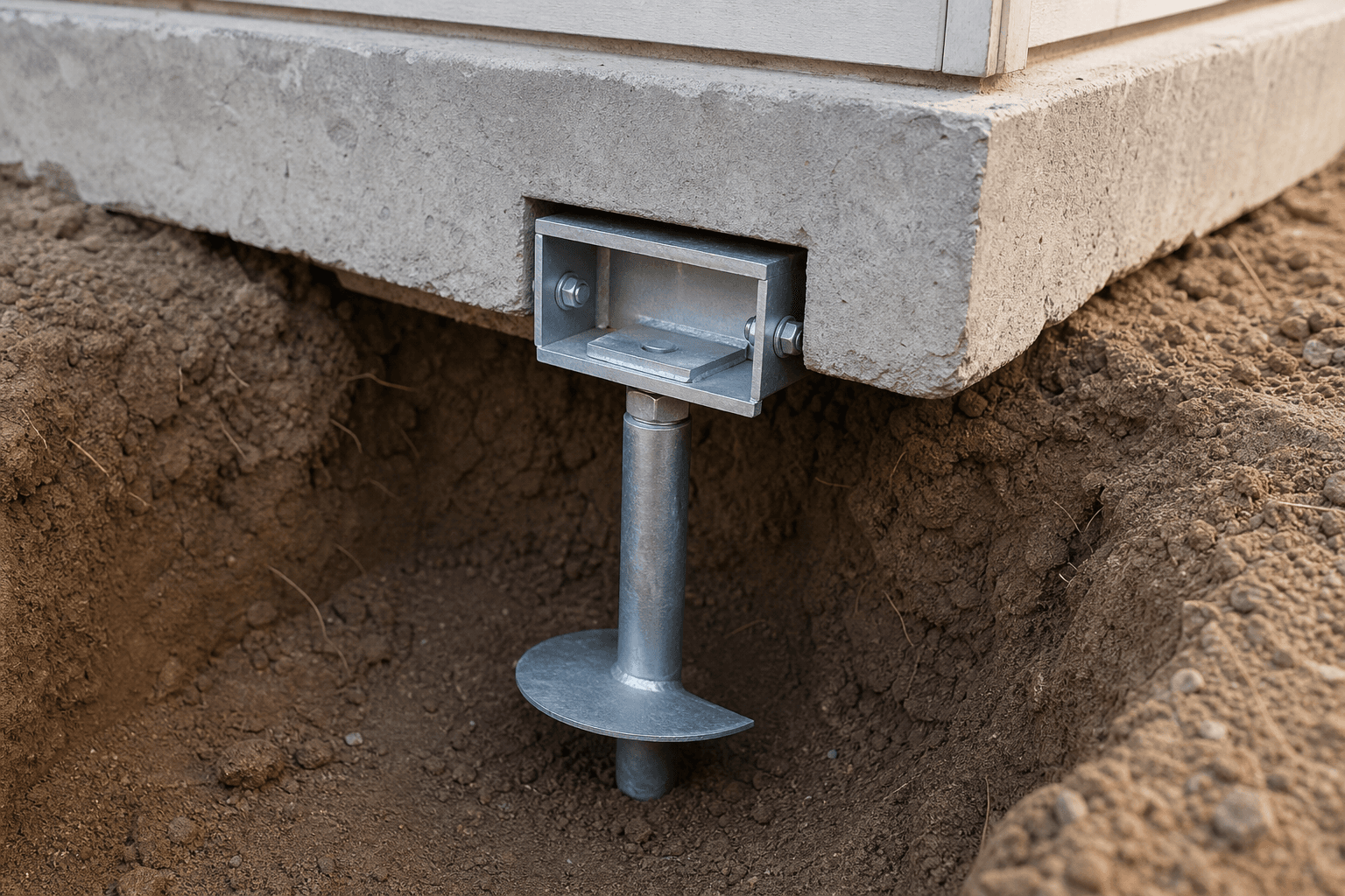 Helical pier bracket installed below a concrete foundation footing