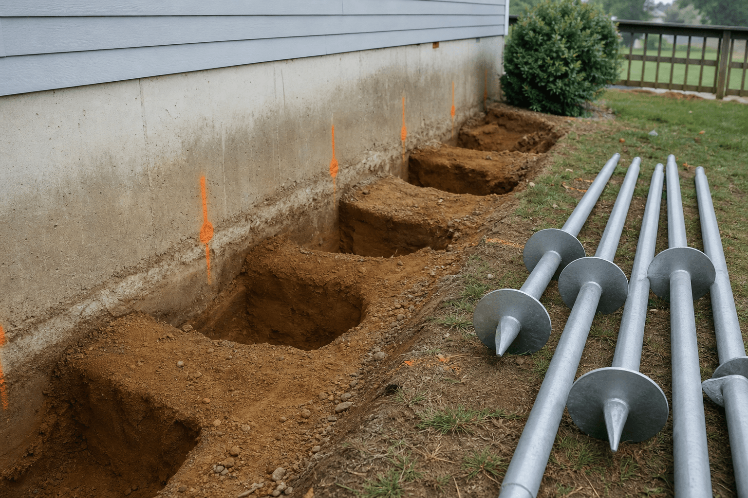Helical pier sections staged beside excavation holes along a foundation
