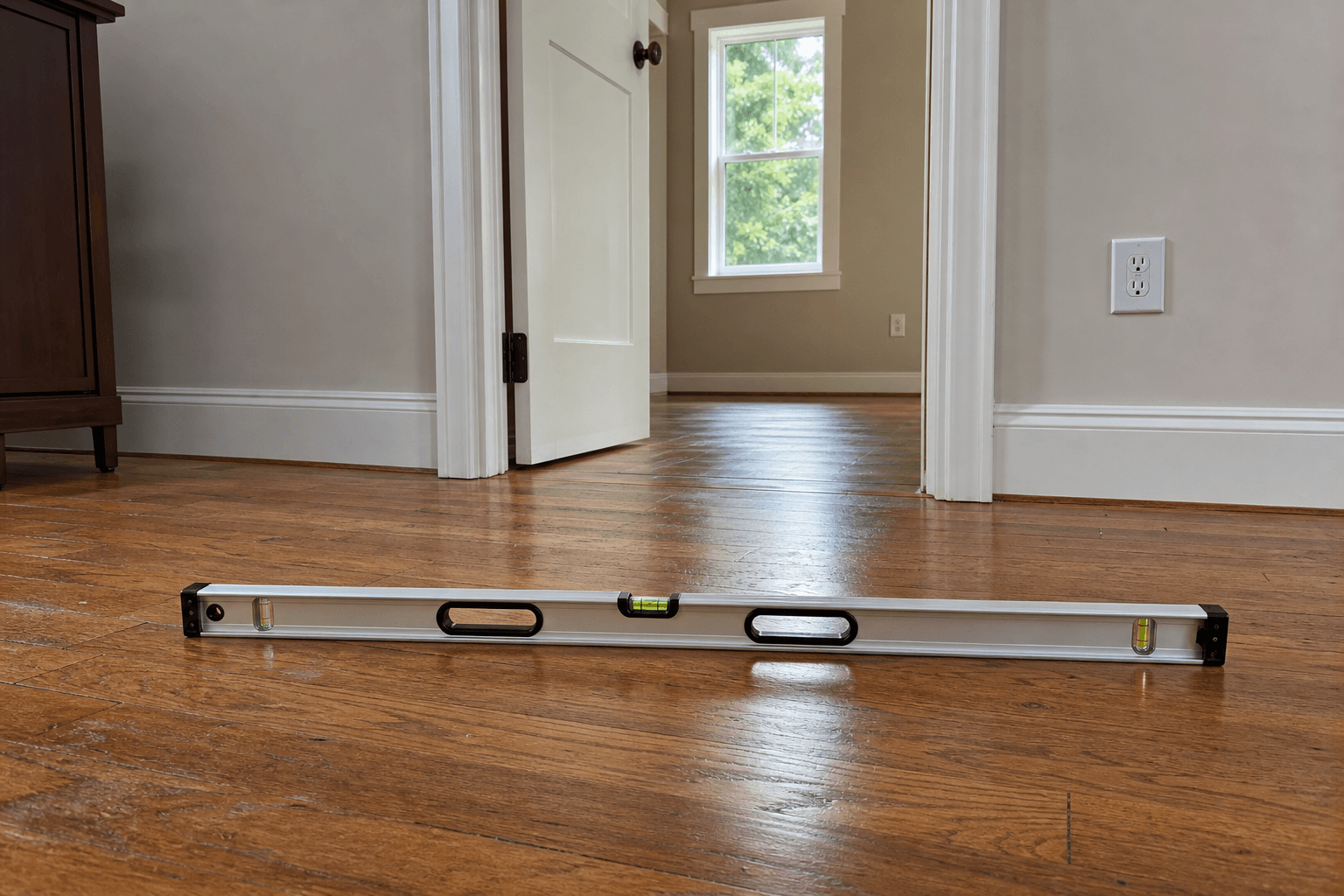 Hardwood floor being checked with a long level during house leveling evaluation